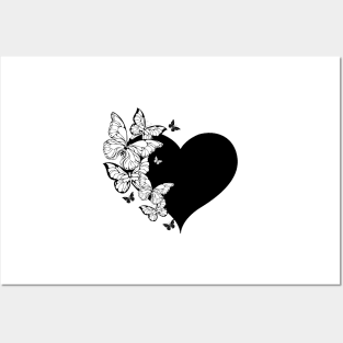 Black Heart with Contour Butterflies Posters and Art